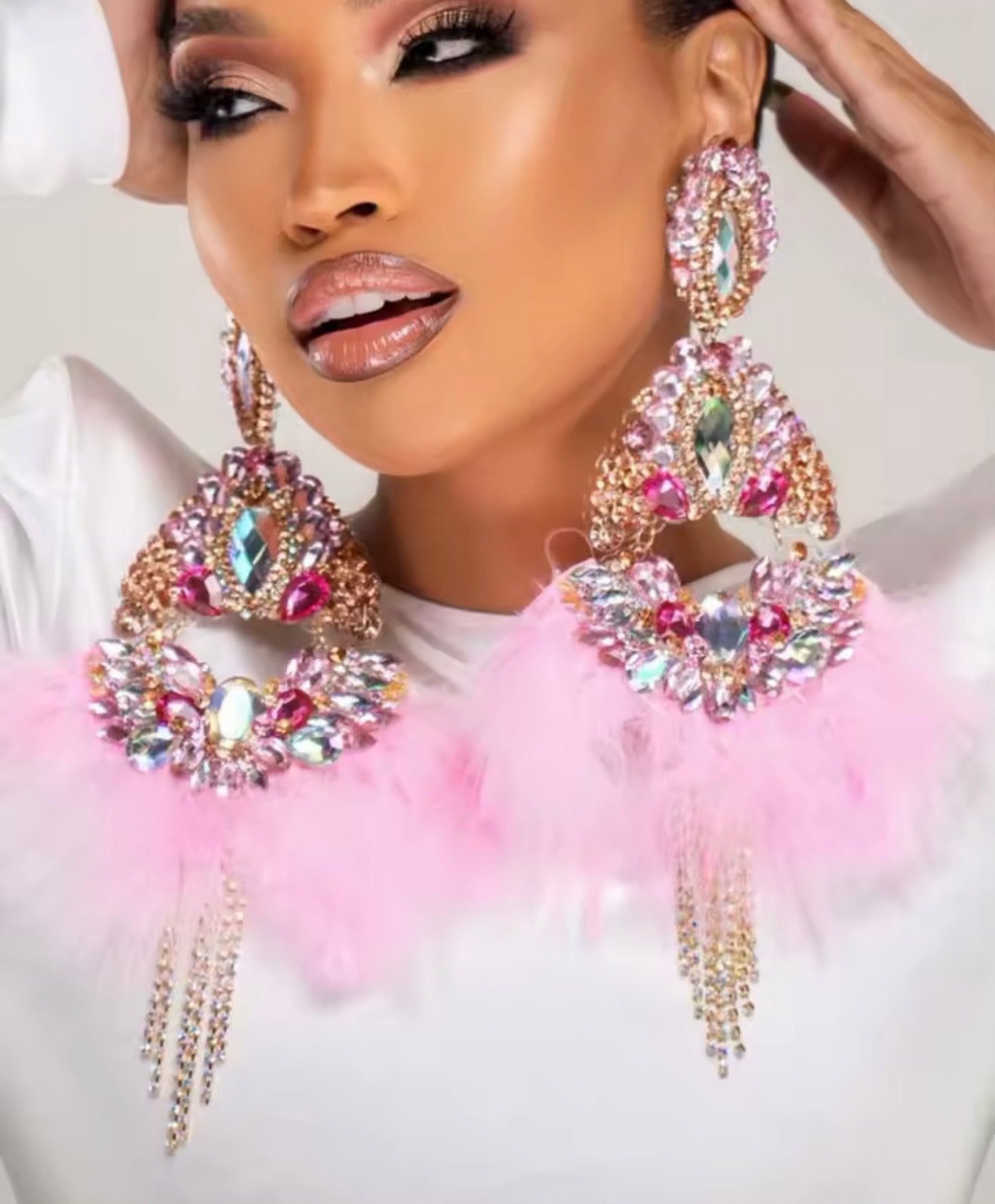 Pink rhinestone feather earring
